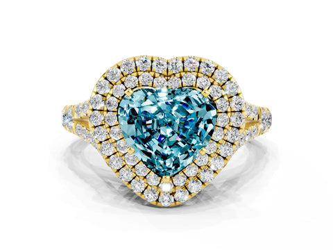 Yellow gold Heart Cut Blue Topaz Double Halo Ring with Split Shank and Prong Setting_12