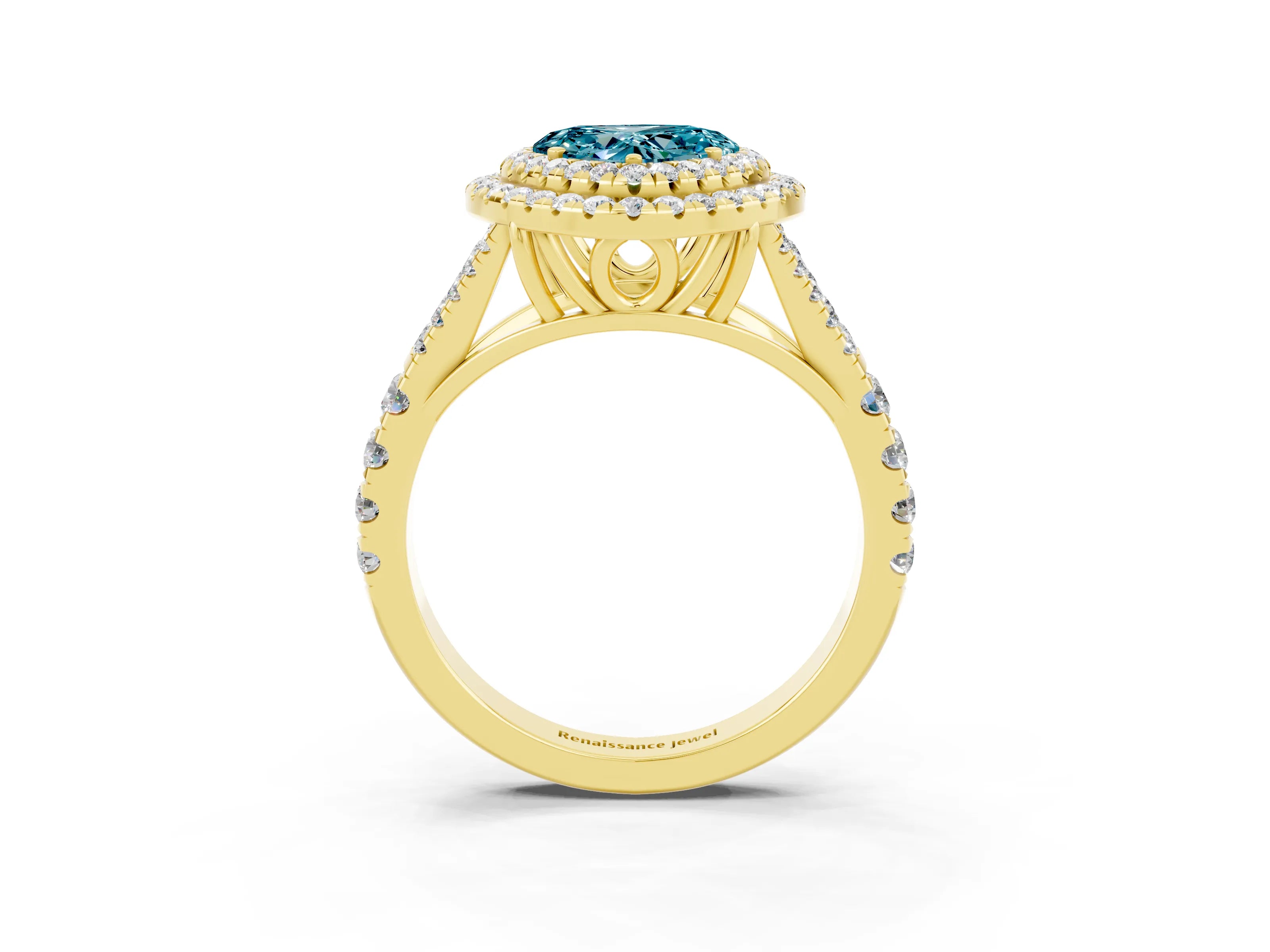 Yellow gold Heart Cut Blue Topaz Double Halo Ring with Split Shank and Prong Setting_15