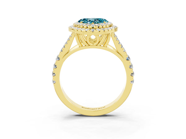 Yellow gold Heart Cut Blue Topaz Double Halo Ring with Split Shank and Prong Setting