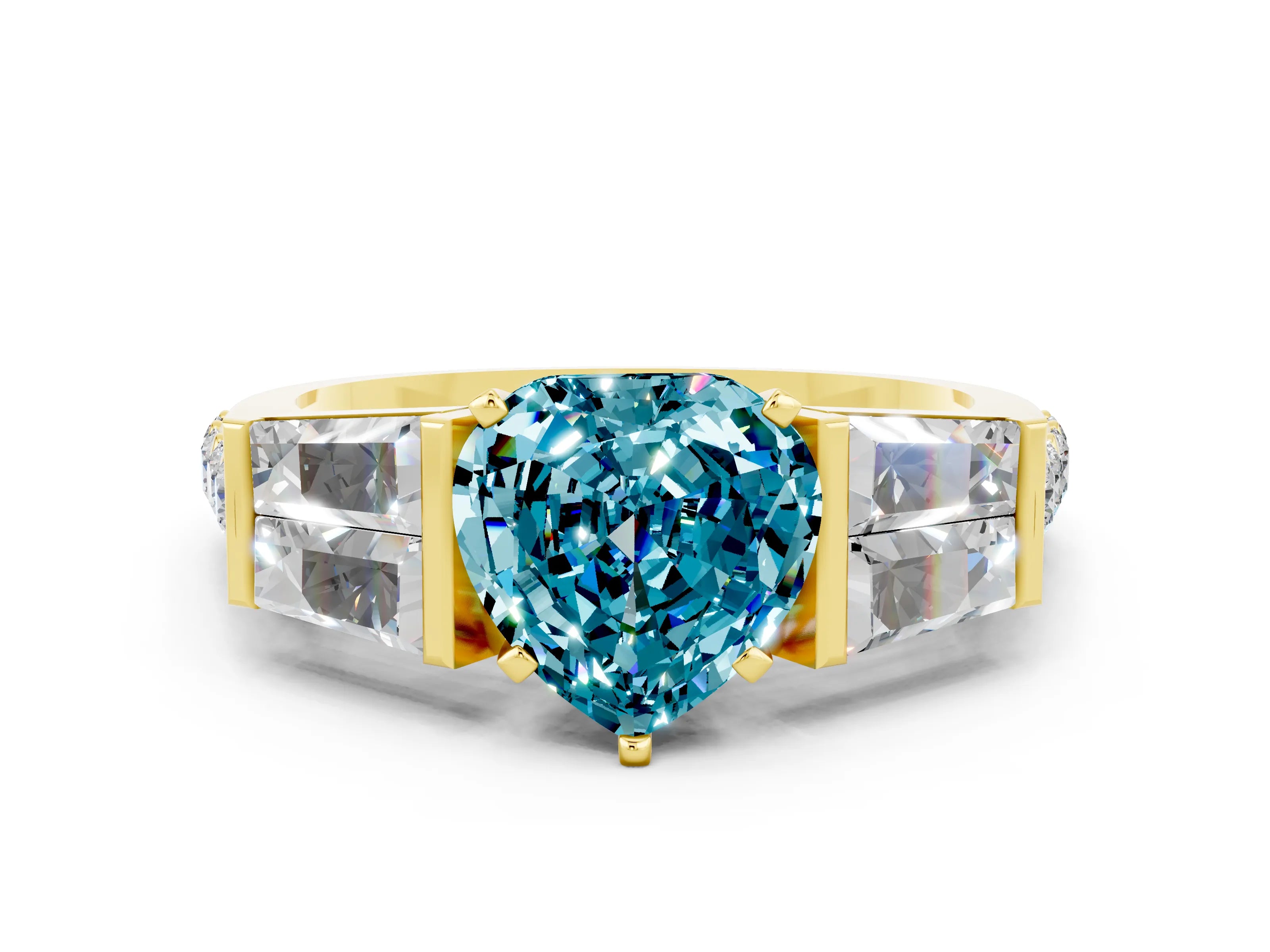 Yellow gold Heart Cut Blue Topaz Engagement Ring with Baguette Side Stones and Channel Set Band