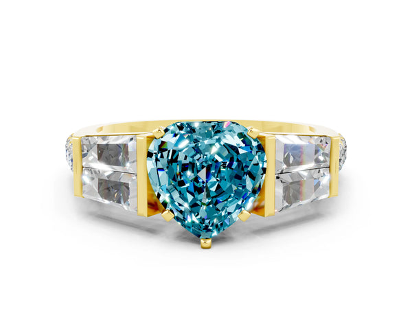 Yellow gold Heart Cut Blue Topaz Engagement Ring with Baguette Side Stones and Channel Set Band