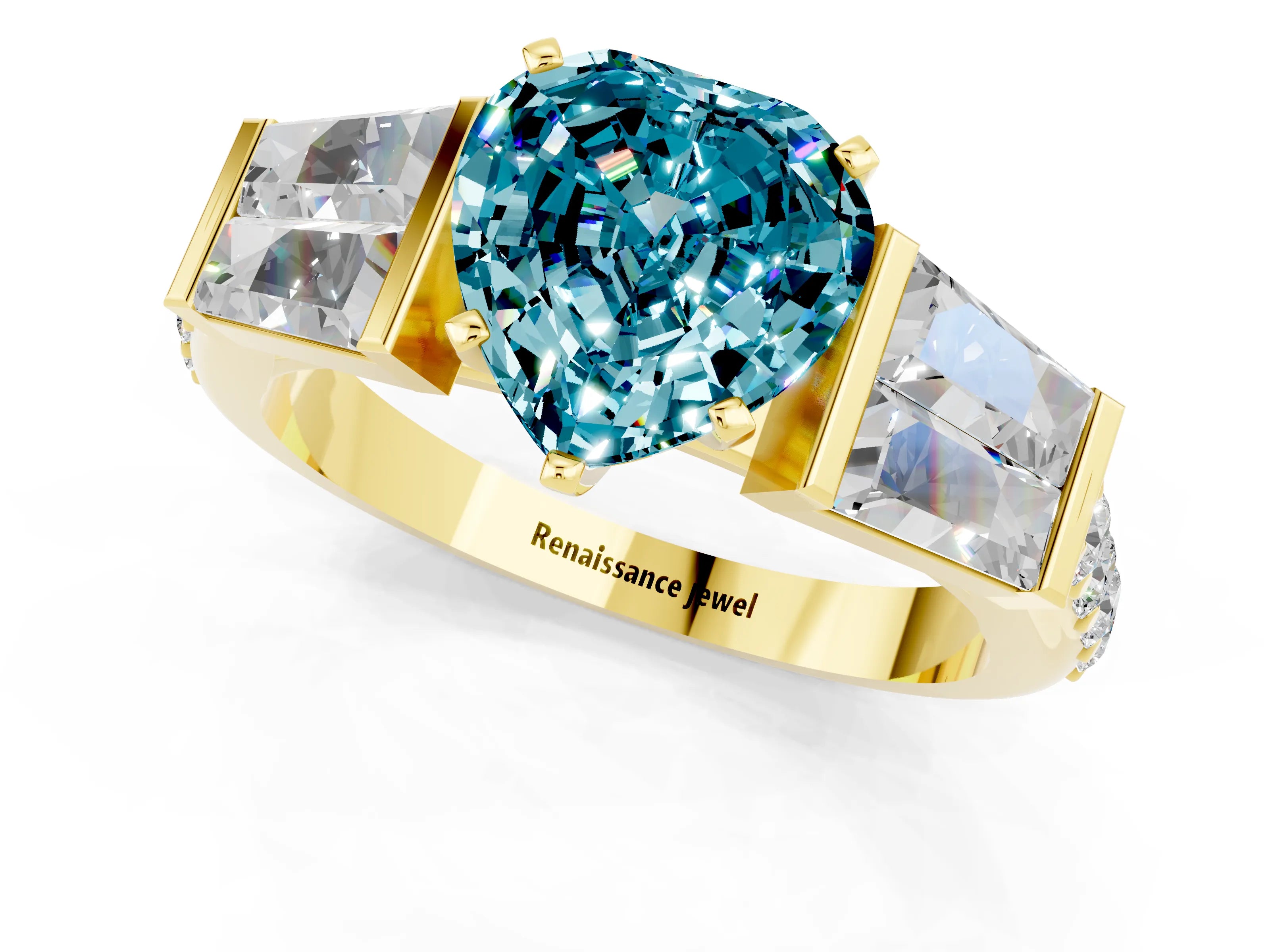 Yellow gold Heart Cut Blue Topaz Engagement Ring with Baguette Side Stones and Channel Set Band_1
