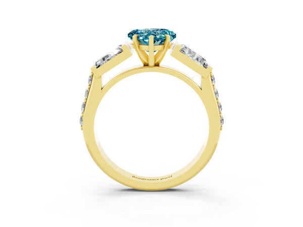 Yellow gold Heart Cut Blue Topaz Engagement Ring with Baguette Side Stones and Channel Set Band