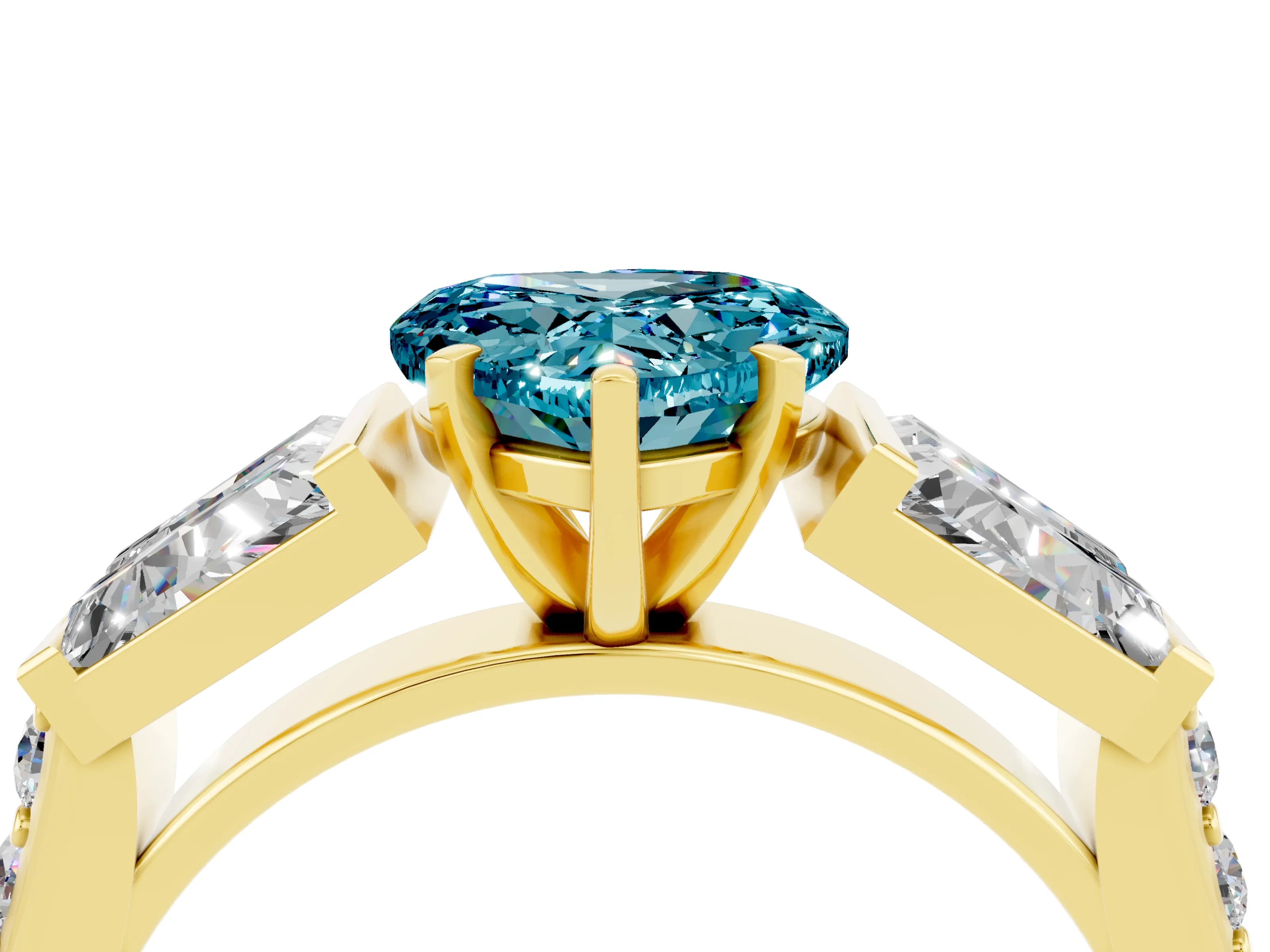 Yellow gold Heart Cut Blue Topaz Engagement Ring with Baguette Side Stones and Channel Set Band_4