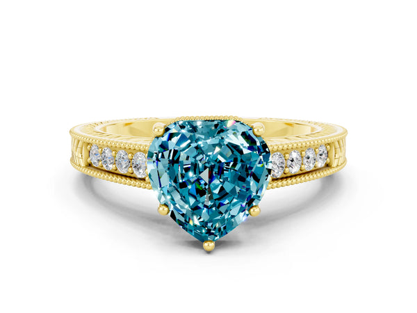 Yellow gold Heart Cut Blue Topaz Engagement Ring with Milgrain Channel Set Band and Prong Setting