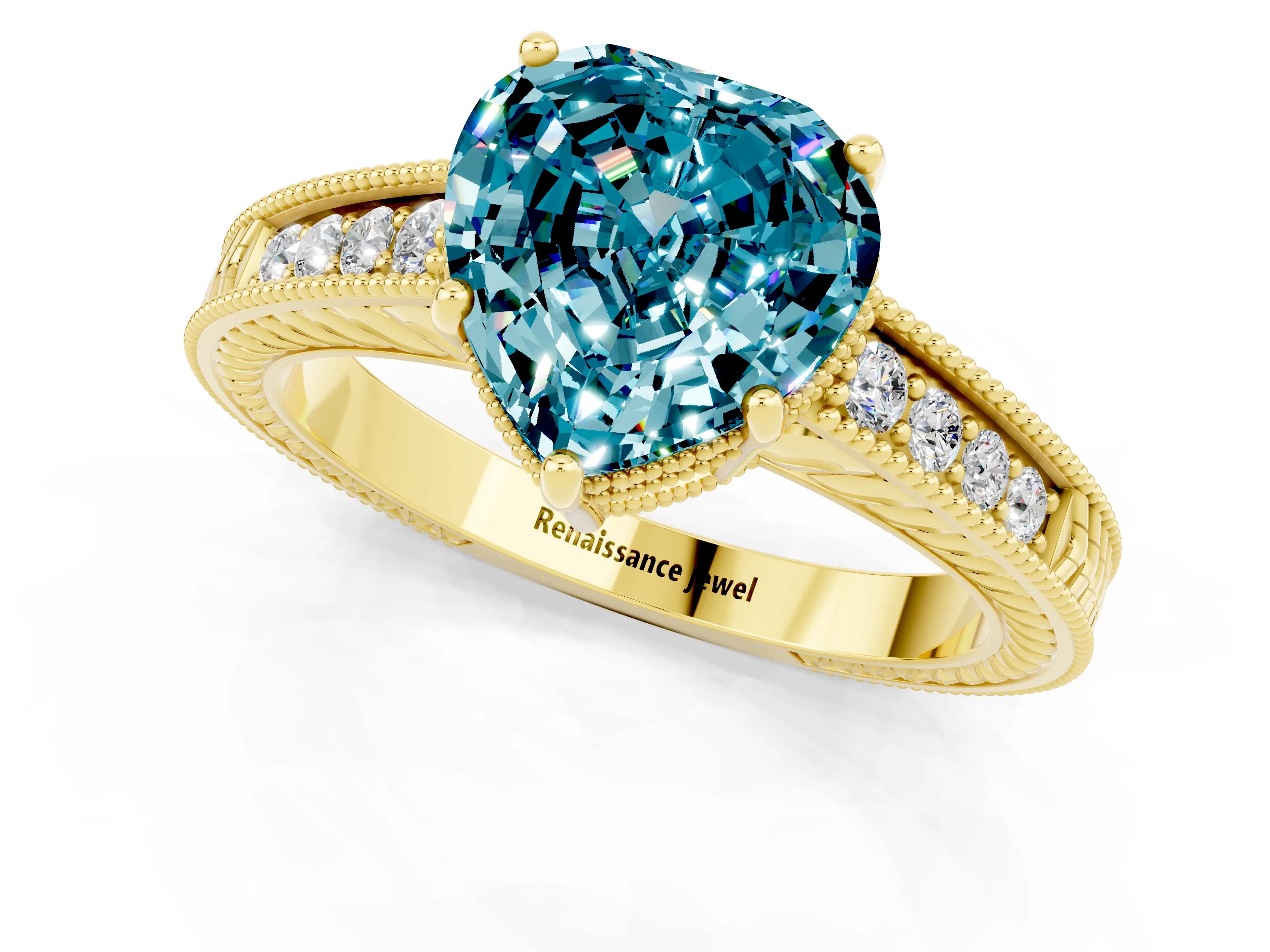 Yellow gold Heart Cut Blue Topaz Engagement Ring with Milgrain Channel Set Band and Prong Setting_1