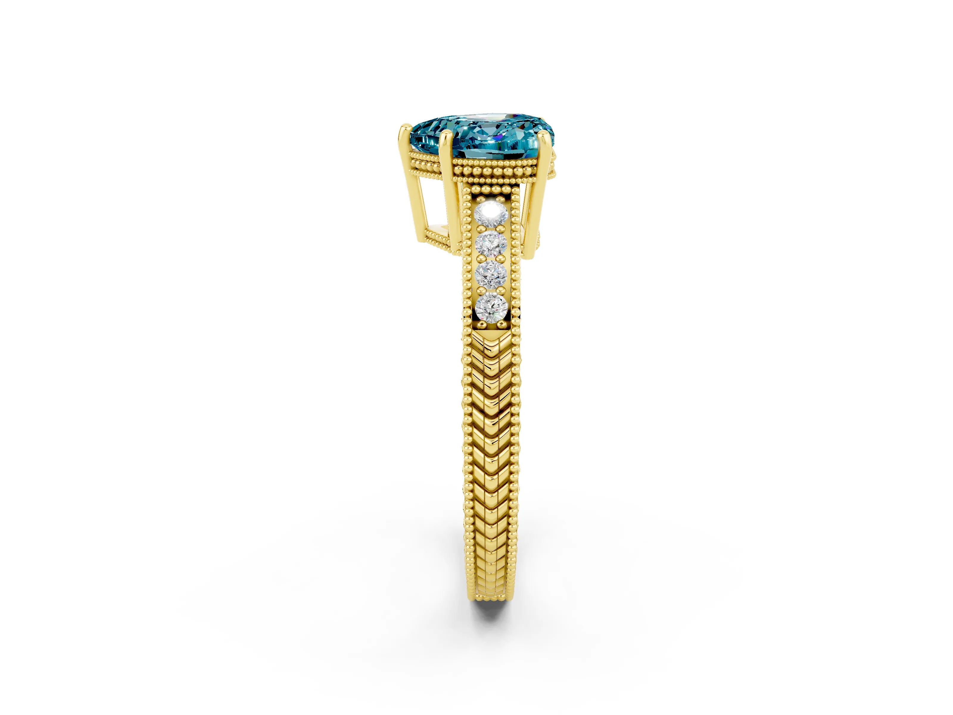Yellow gold Heart Cut Blue Topaz Engagement Ring with Milgrain Channel Set Band and Prong Setting_2