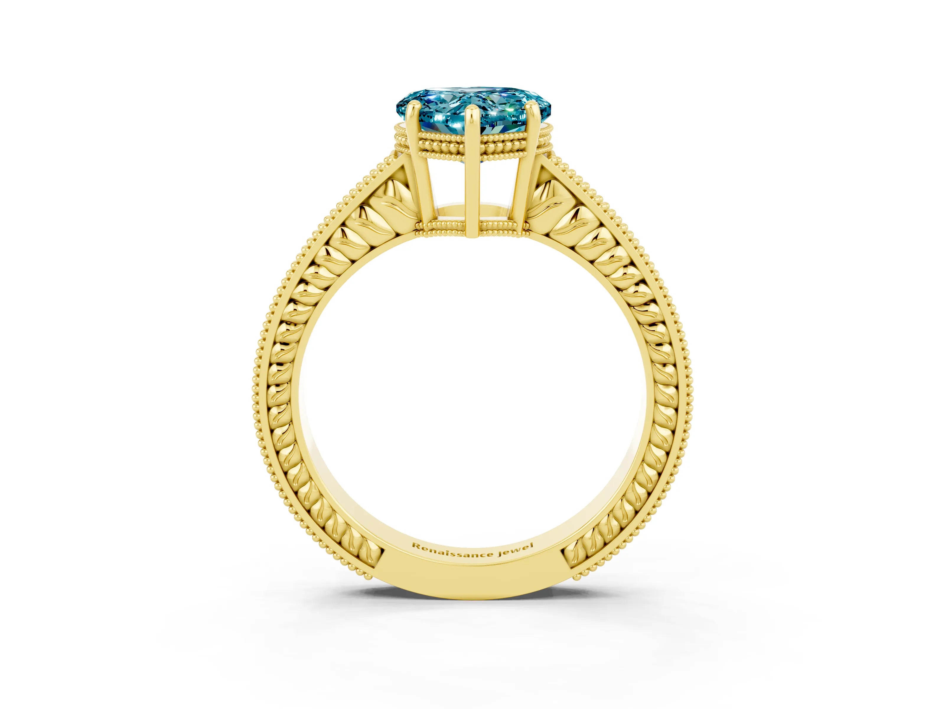 Yellow gold Heart Cut Blue Topaz Engagement Ring with Milgrain Channel Set Band and Prong Setting_3