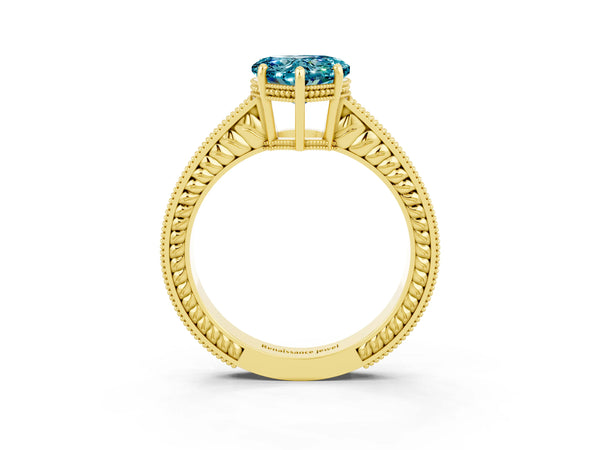 Yellow gold Heart Cut Blue Topaz Engagement Ring with Milgrain Channel Set Band and Prong Setting
