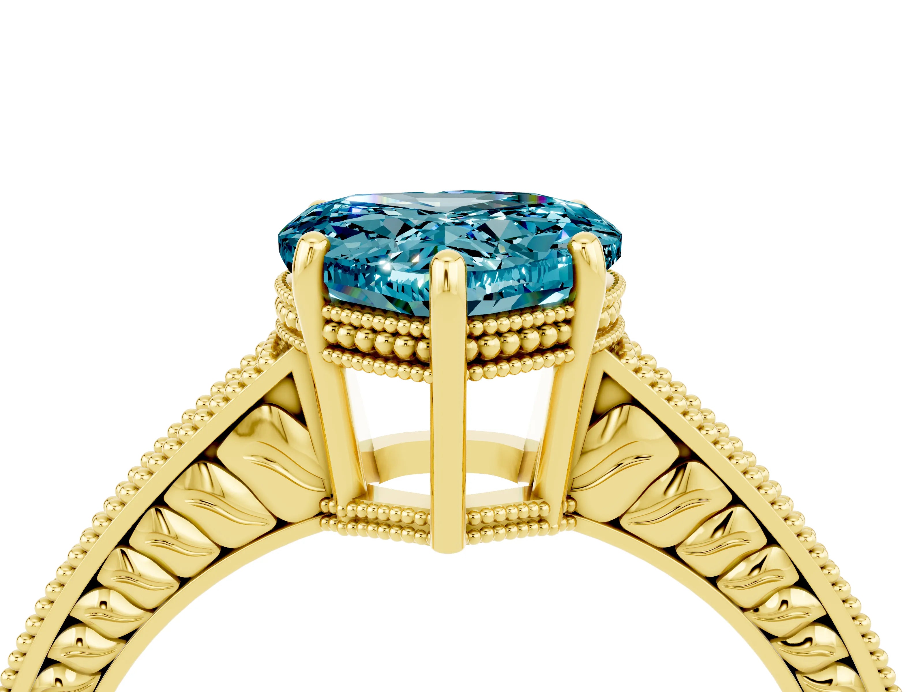 Yellow gold Heart Cut Blue Topaz Engagement Ring with Milgrain Channel Set Band and Prong Setting_4