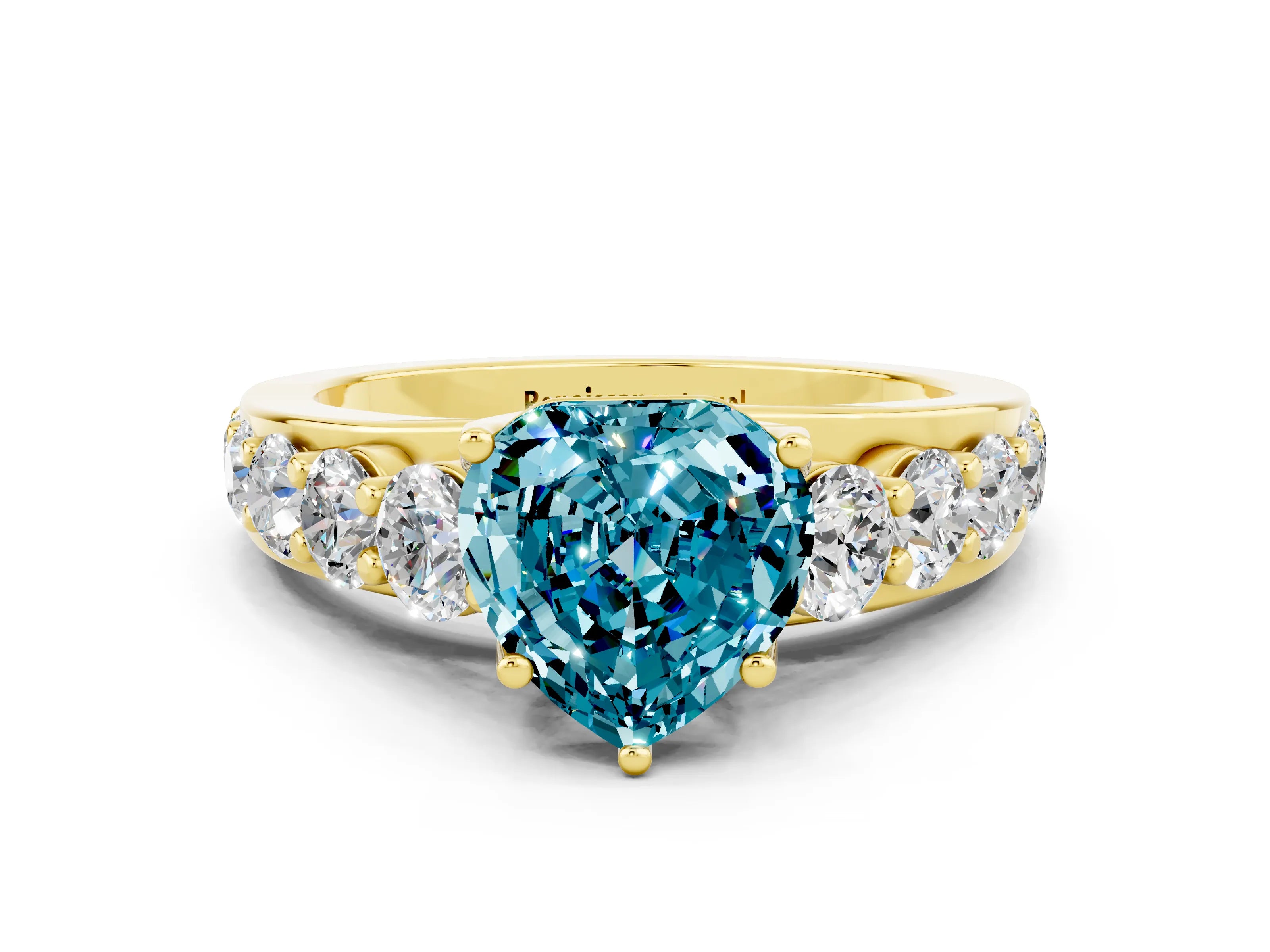 Yellow gold Heart Cut Blue Topaz Engagement Ring with Pavé Band and Four-Prong Setting