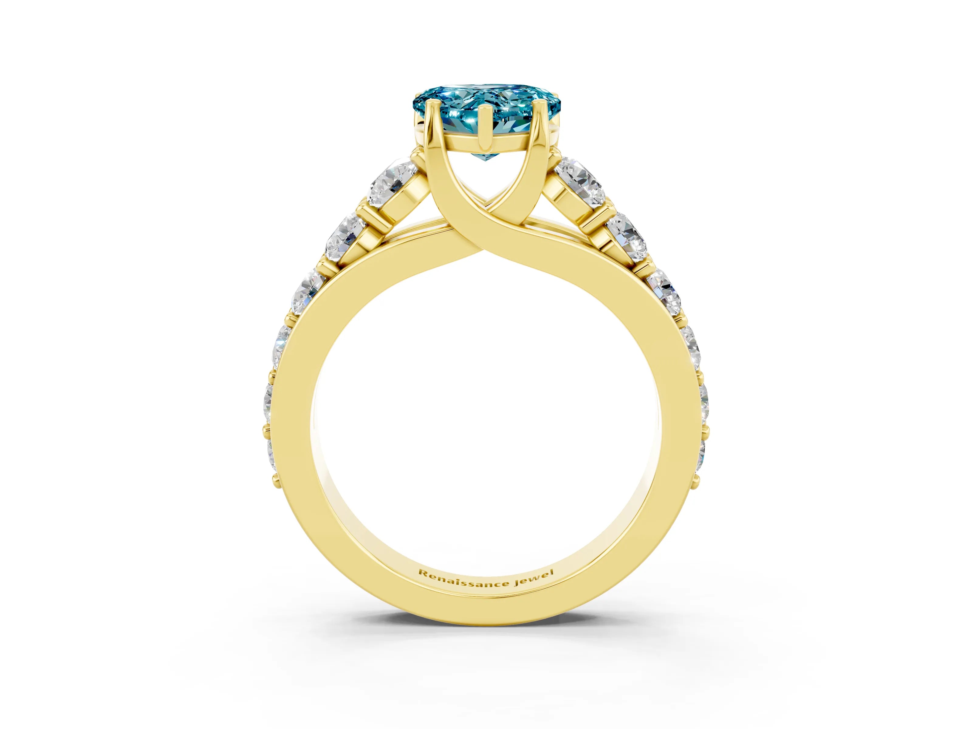 Yellow gold Heart Cut Blue Topaz Engagement Ring with Pavé Band and Four-Prong Setting_3