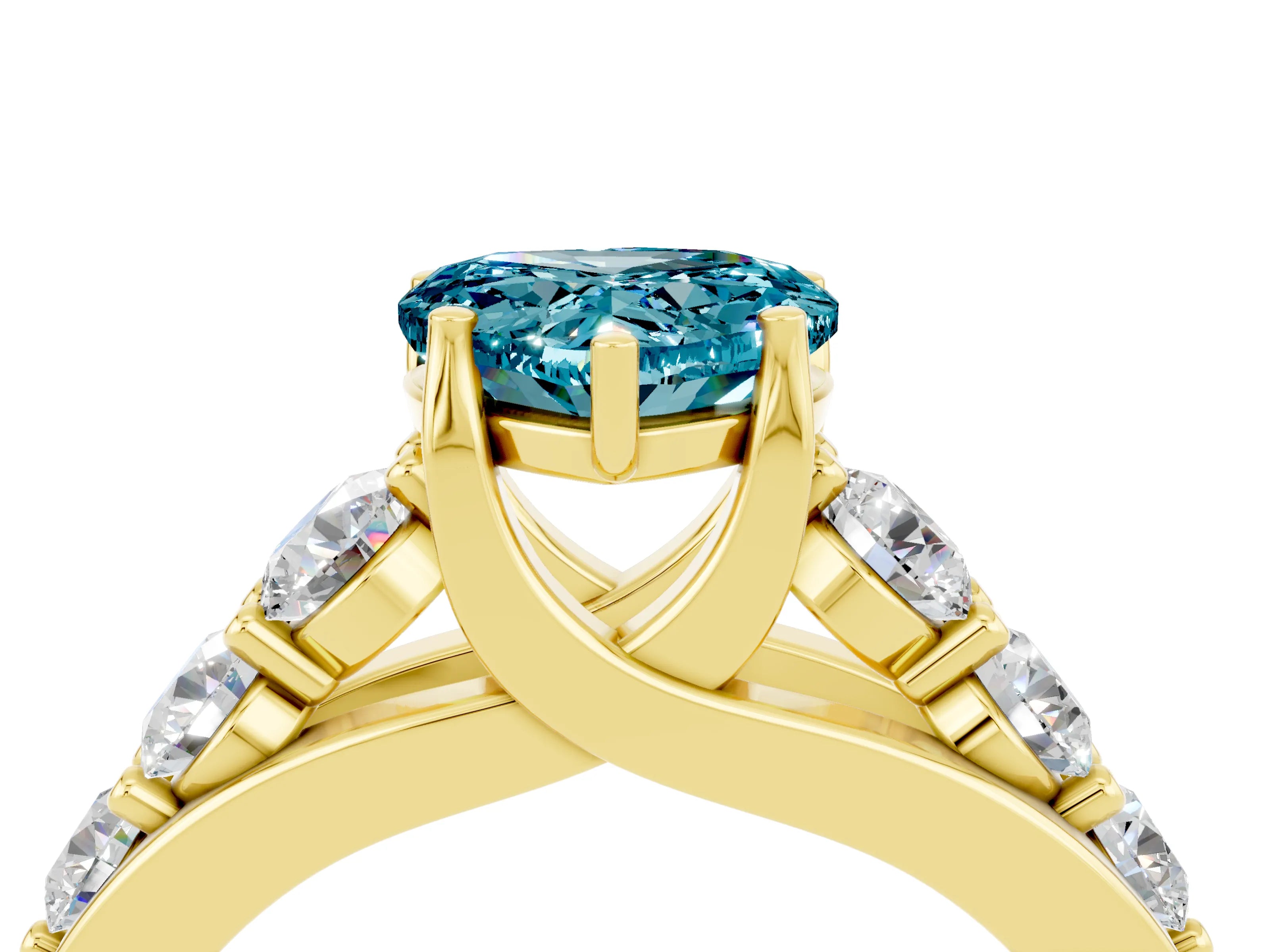 Yellow gold Heart Cut Blue Topaz Engagement Ring with Pavé Band and Four-Prong Setting_4