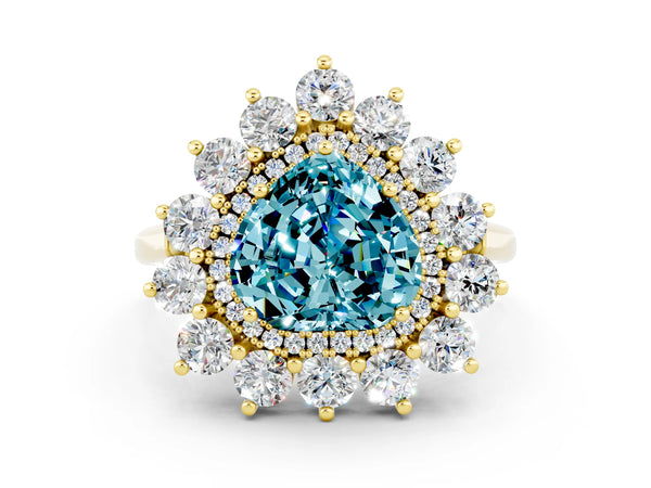 Yellow gold Heart Cut Blue Topaz Floral Double Halo Engagement Ring with Prong Setting