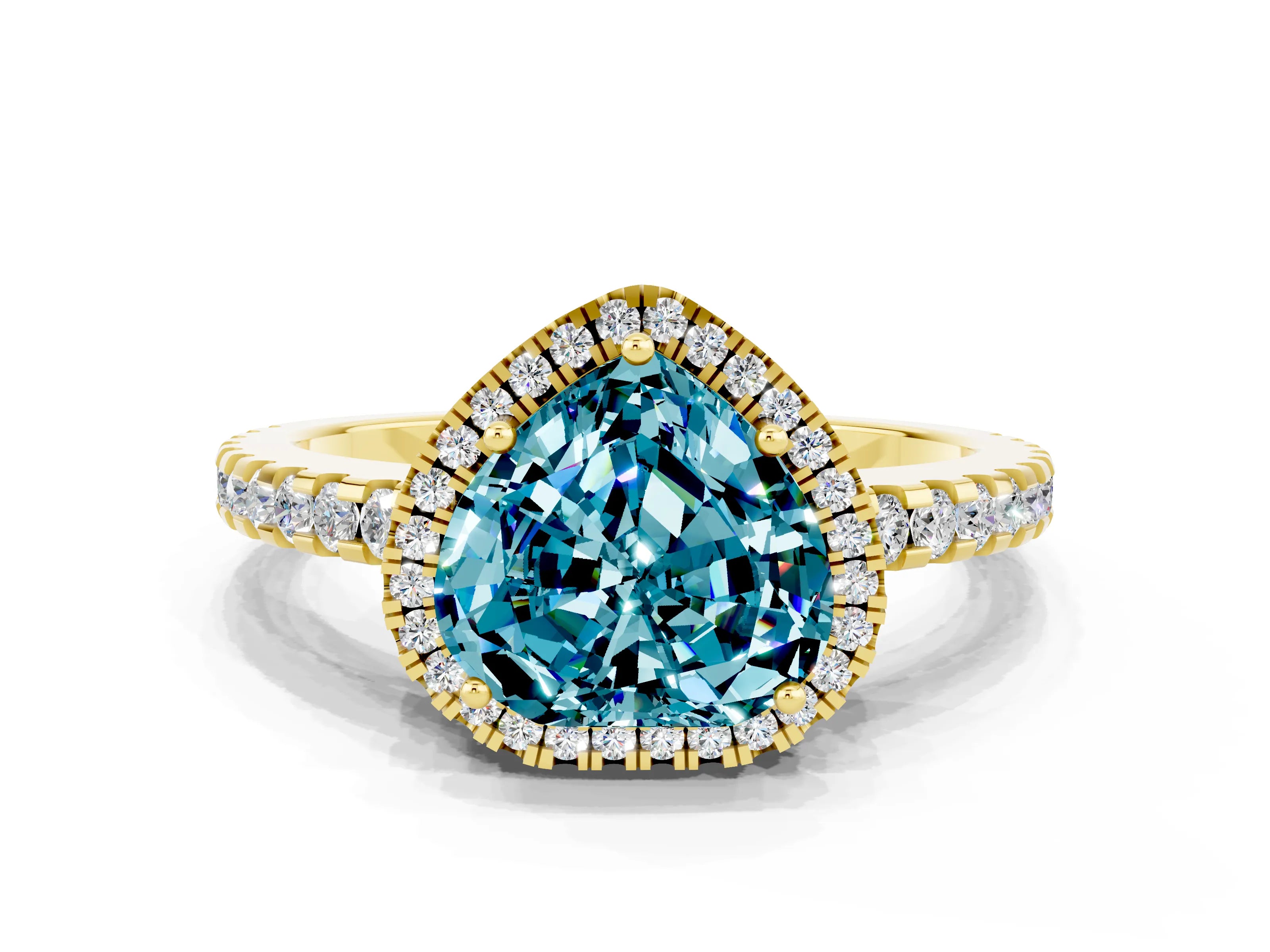 Yellow gold Heart Cut Blue Topaz Halo Engagement Ring with Pavé Band and Prong Setting_12