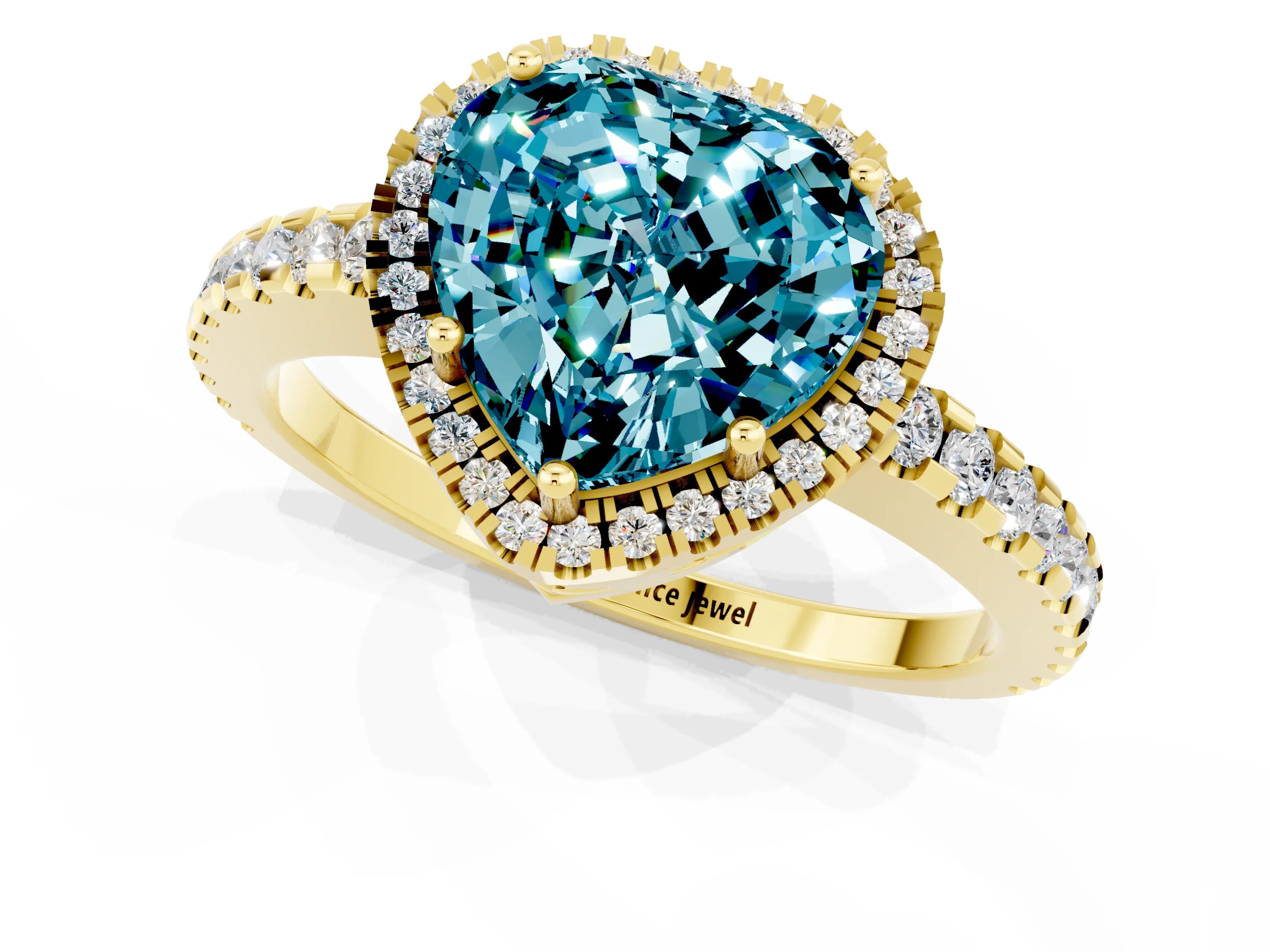 Yellow gold Heart Cut Blue Topaz Halo Engagement Ring with Pavé Band and Prong Setting_13