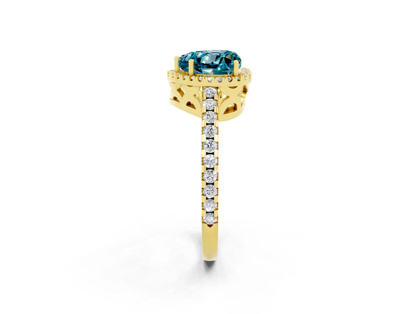 Yellow gold Heart Cut Blue Topaz Halo Engagement Ring with Pavé Band and Prong Setting