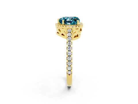 Yellow gold Heart Cut Blue Topaz Halo Engagement Ring with Pavé Band and Prong Setting_14