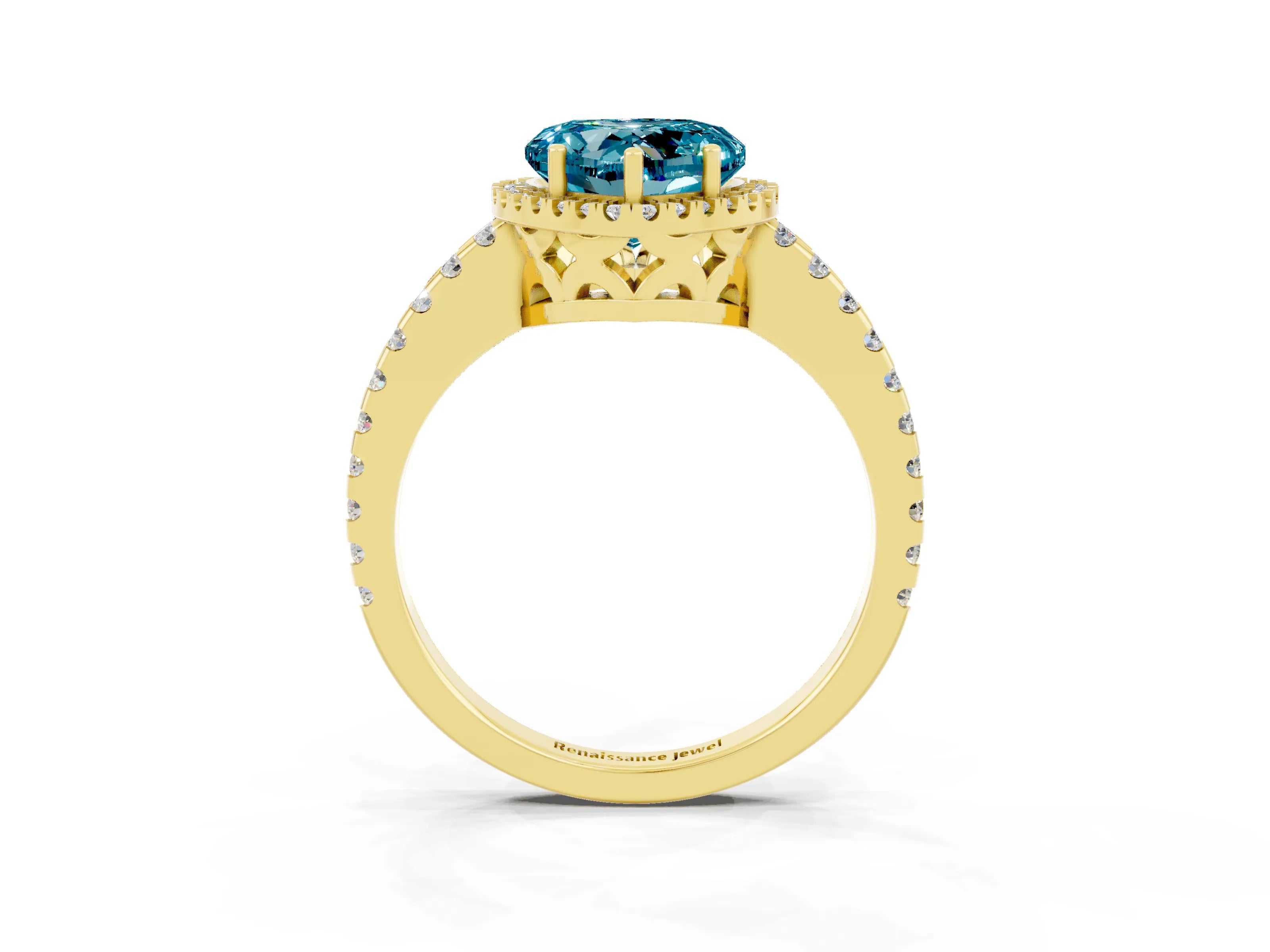 Yellow gold Heart Cut Blue Topaz Halo Engagement Ring with Pavé Band and Prong Setting_15