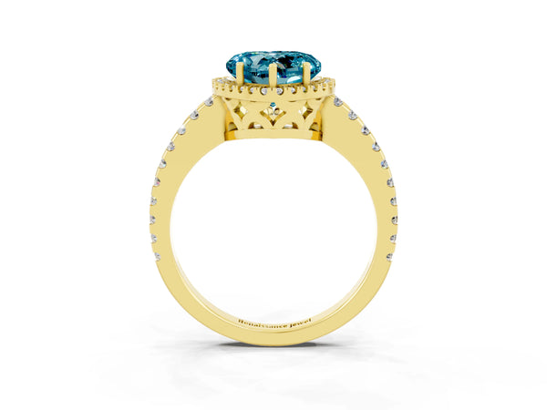 Yellow gold Heart Cut Blue Topaz Halo Engagement Ring with Pavé Band and Prong Setting