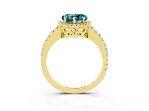 Yellow gold Heart Cut Blue Topaz Halo Engagement Ring with Pavé Band and Prong Setting_15
