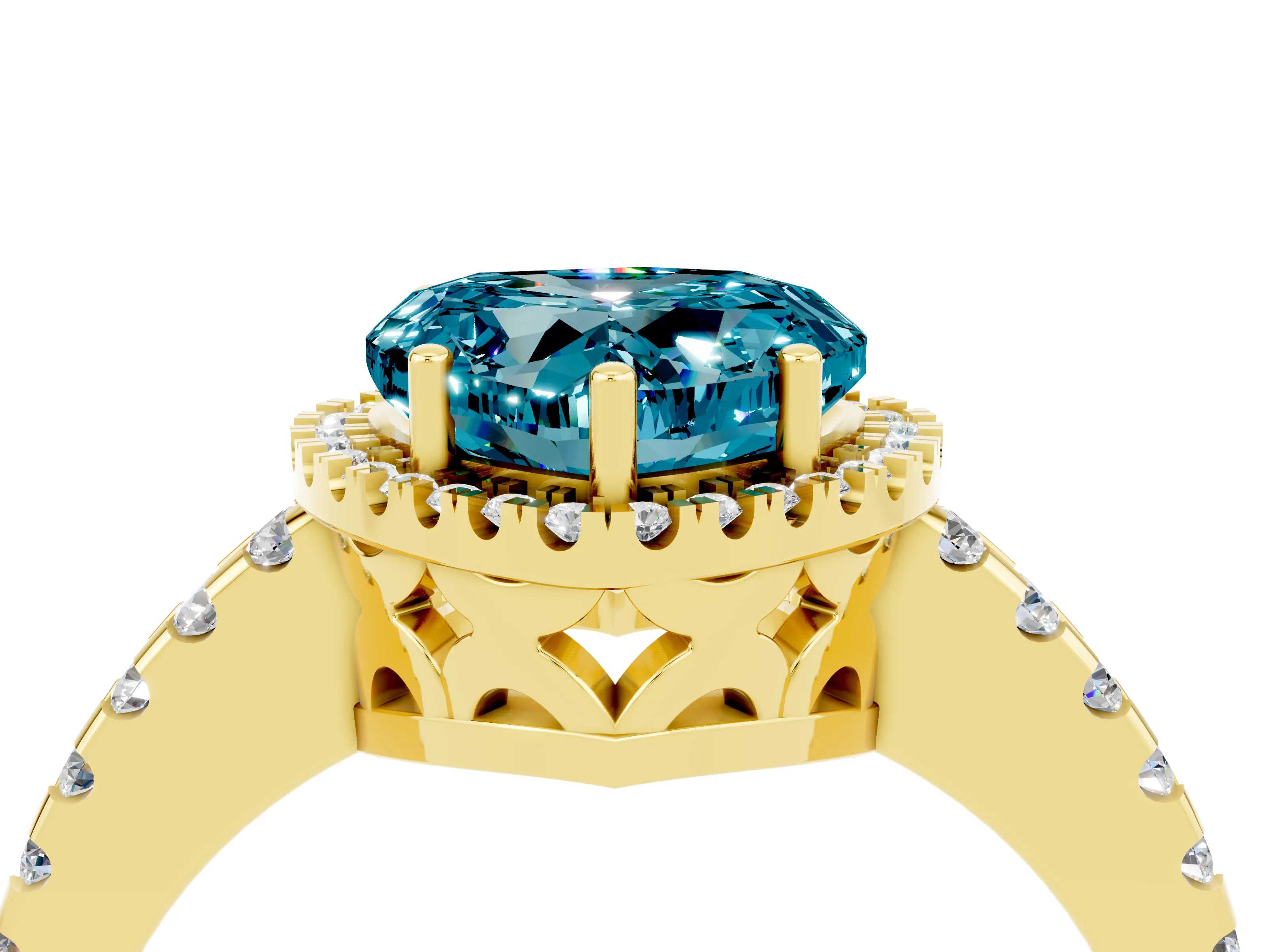 Yellow gold Heart Cut Blue Topaz Halo Engagement Ring with Pavé Band and Prong Setting_16