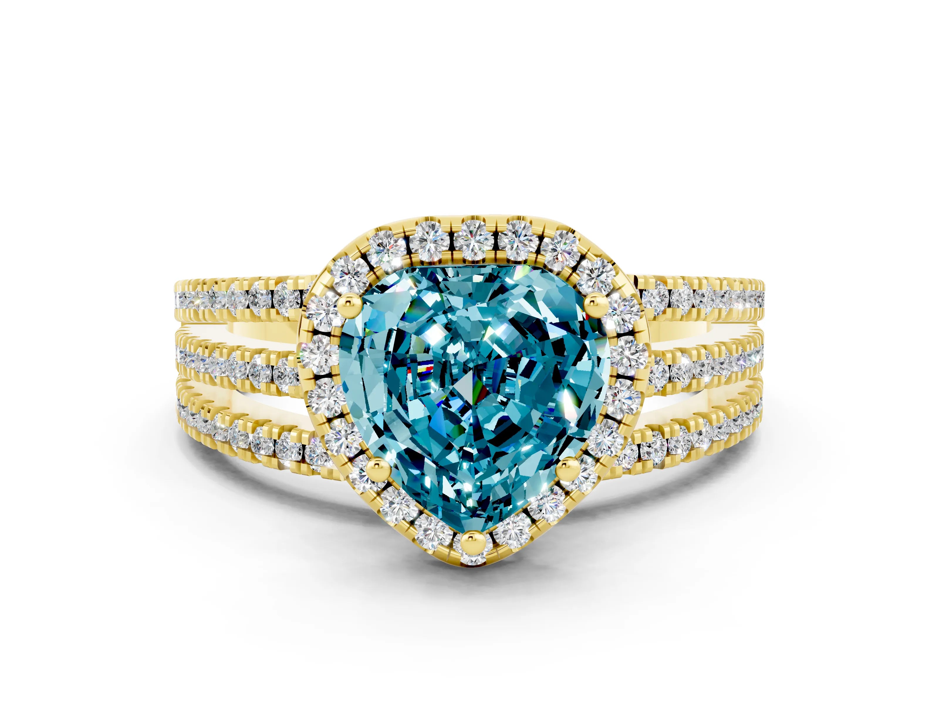 Yellow gold Heart Cut Blue Topaz Halo Engagement Ring with Split Shank and Four-Prong Setting