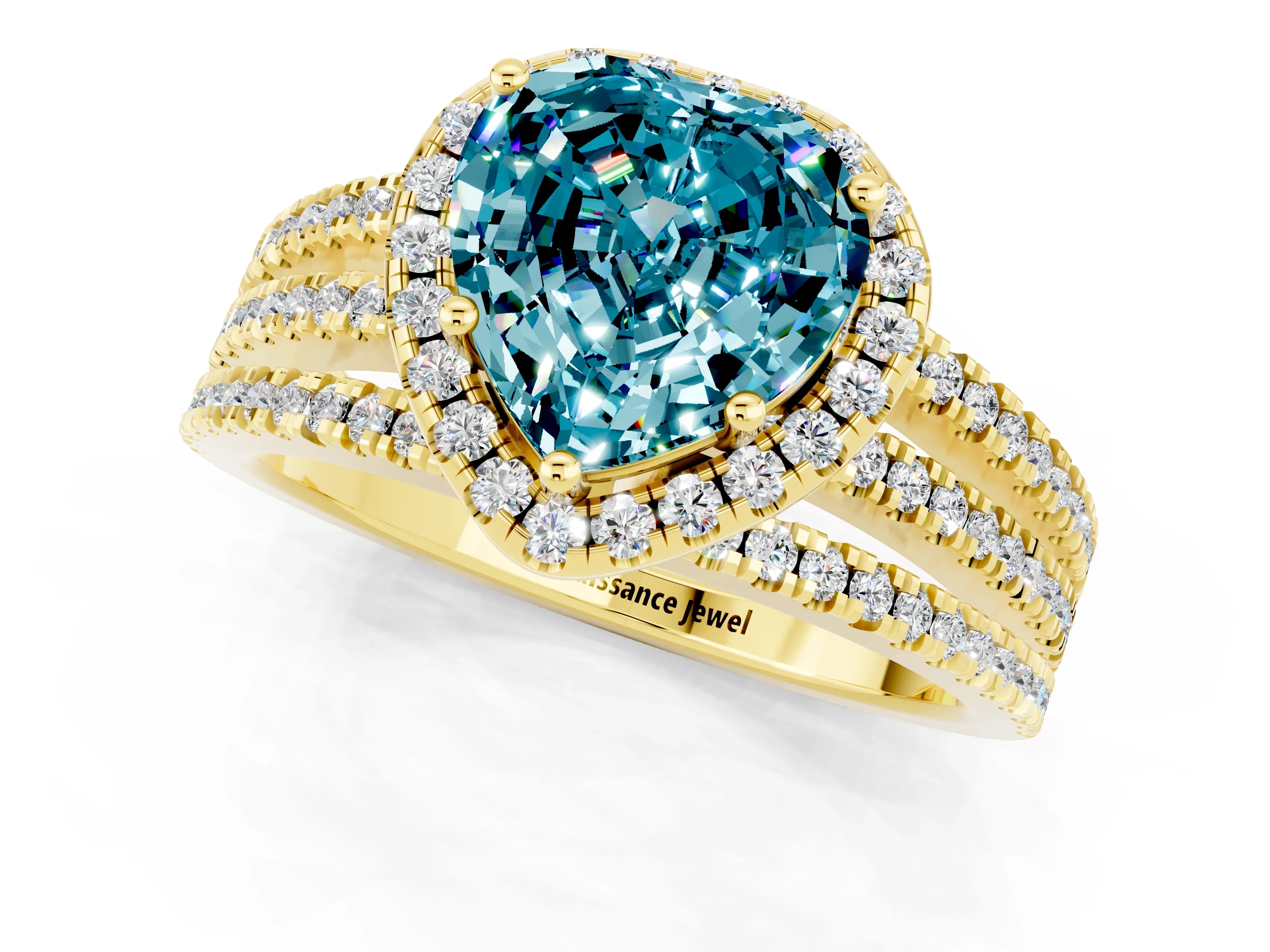 Yellow gold Heart Cut Blue Topaz Halo Engagement Ring with Split Shank and Four-Prong Setting_1