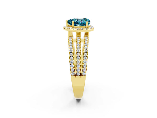 Yellow gold Heart Cut Blue Topaz Halo Engagement Ring with Split Shank and Four-Prong Setting