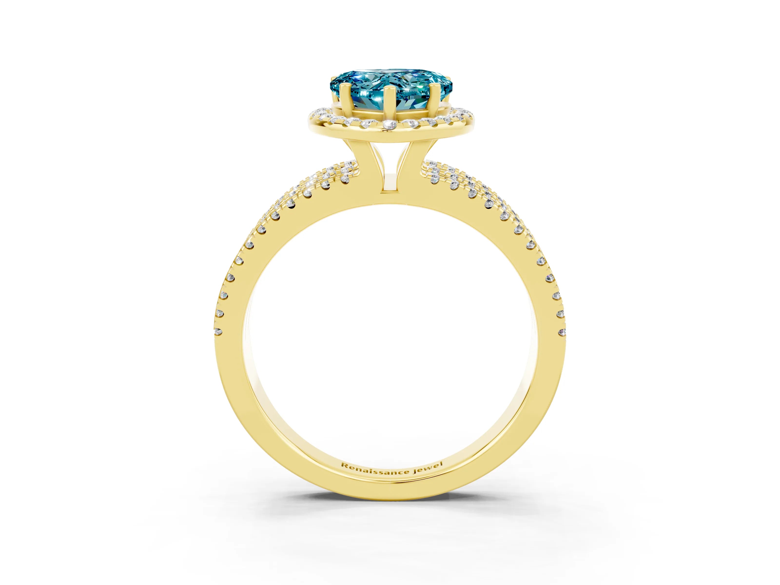 Yellow gold Heart Cut Blue Topaz Halo Engagement Ring with Split Shank and Four-Prong Setting_3