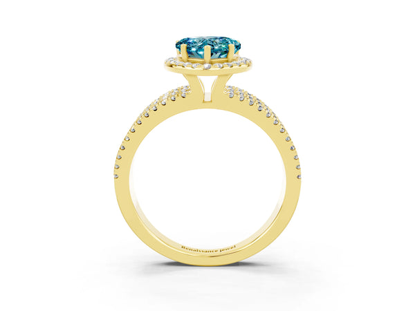 Yellow gold Heart Cut Blue Topaz Halo Engagement Ring with Split Shank and Four-Prong Setting