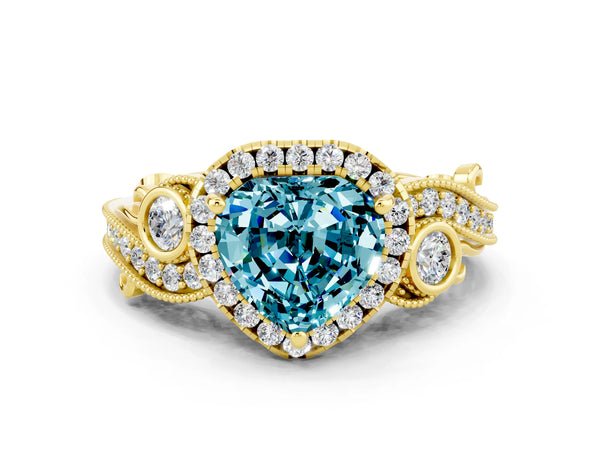 Yellow gold Heart Cut Blue Topaz Halo Ring with Milgrain Pavé Band and Four-Prong Setting