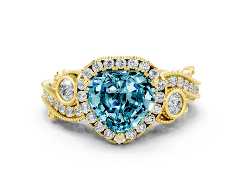 Yellow gold Heart Cut Blue Topaz Halo Ring with Milgrain Pavé Band and Four-Prong Setting_12