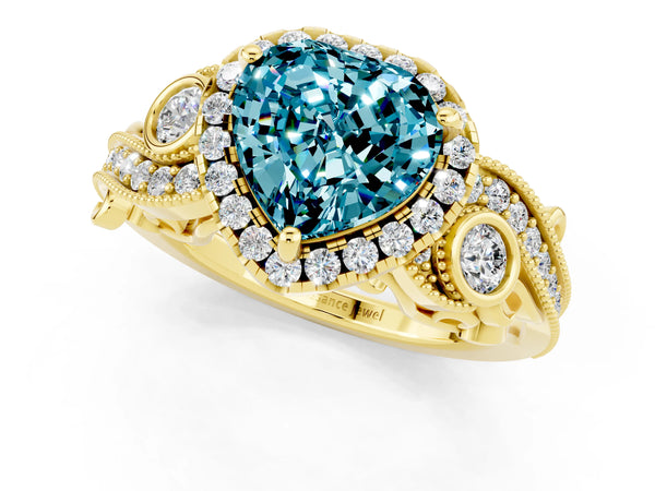 Yellow gold Heart Cut Blue Topaz Halo Ring with Milgrain Pavé Band and Four-Prong Setting