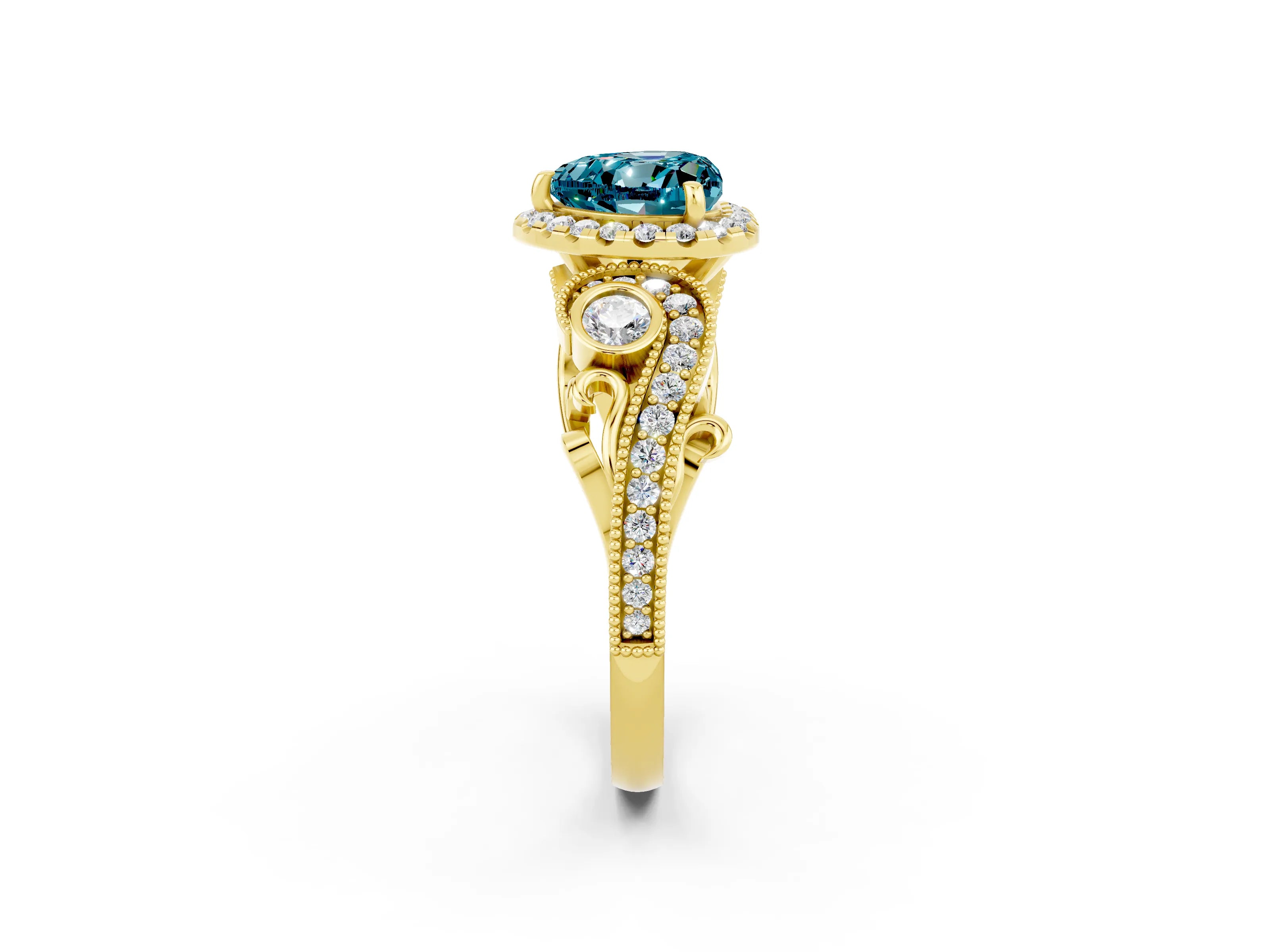 Yellow gold Heart Cut Blue Topaz Halo Ring with Milgrain Pavé Band and Four-Prong Setting_14