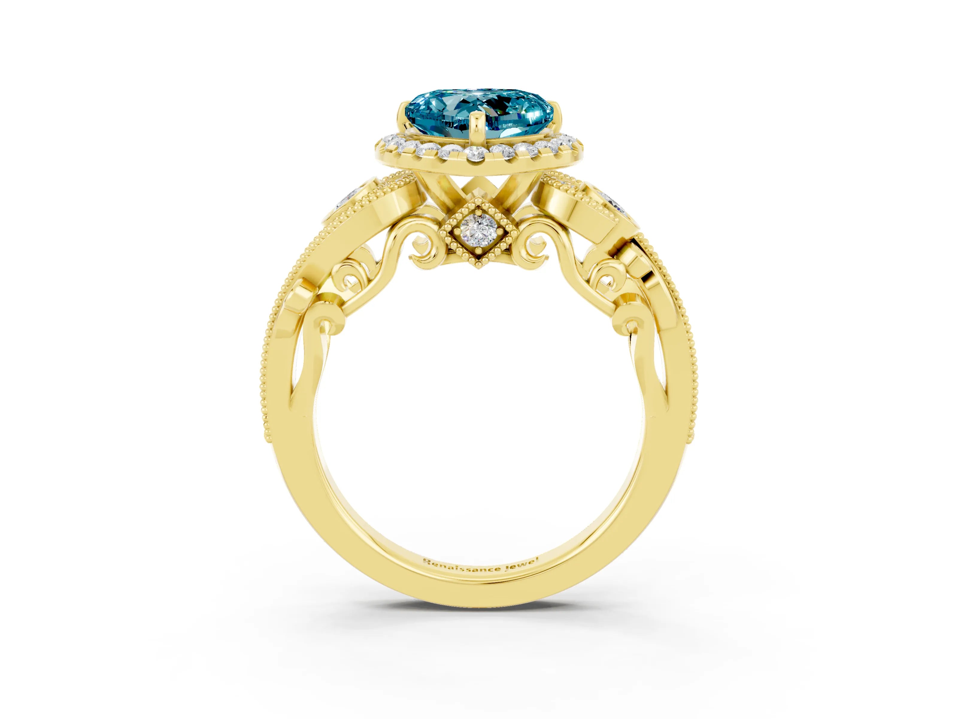 Yellow gold Heart Cut Blue Topaz Halo Ring with Milgrain Pavé Band and Four-Prong Setting_15
