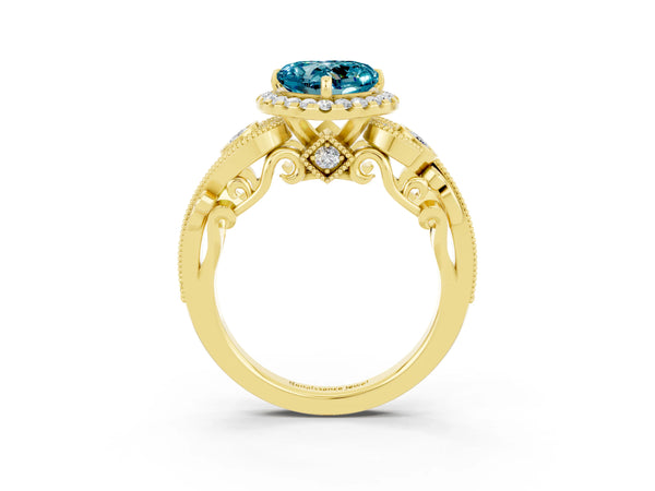 Yellow gold Heart Cut Blue Topaz Halo Ring with Milgrain Pavé Band and Four-Prong Setting