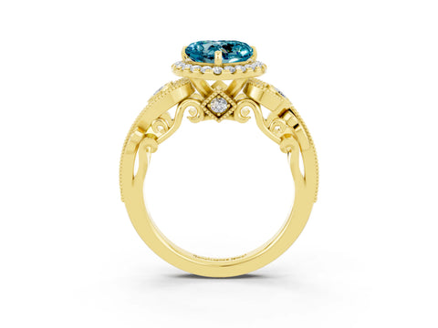 Yellow gold Heart Cut Blue Topaz Halo Ring with Milgrain Pavé Band and Four-Prong Setting_15