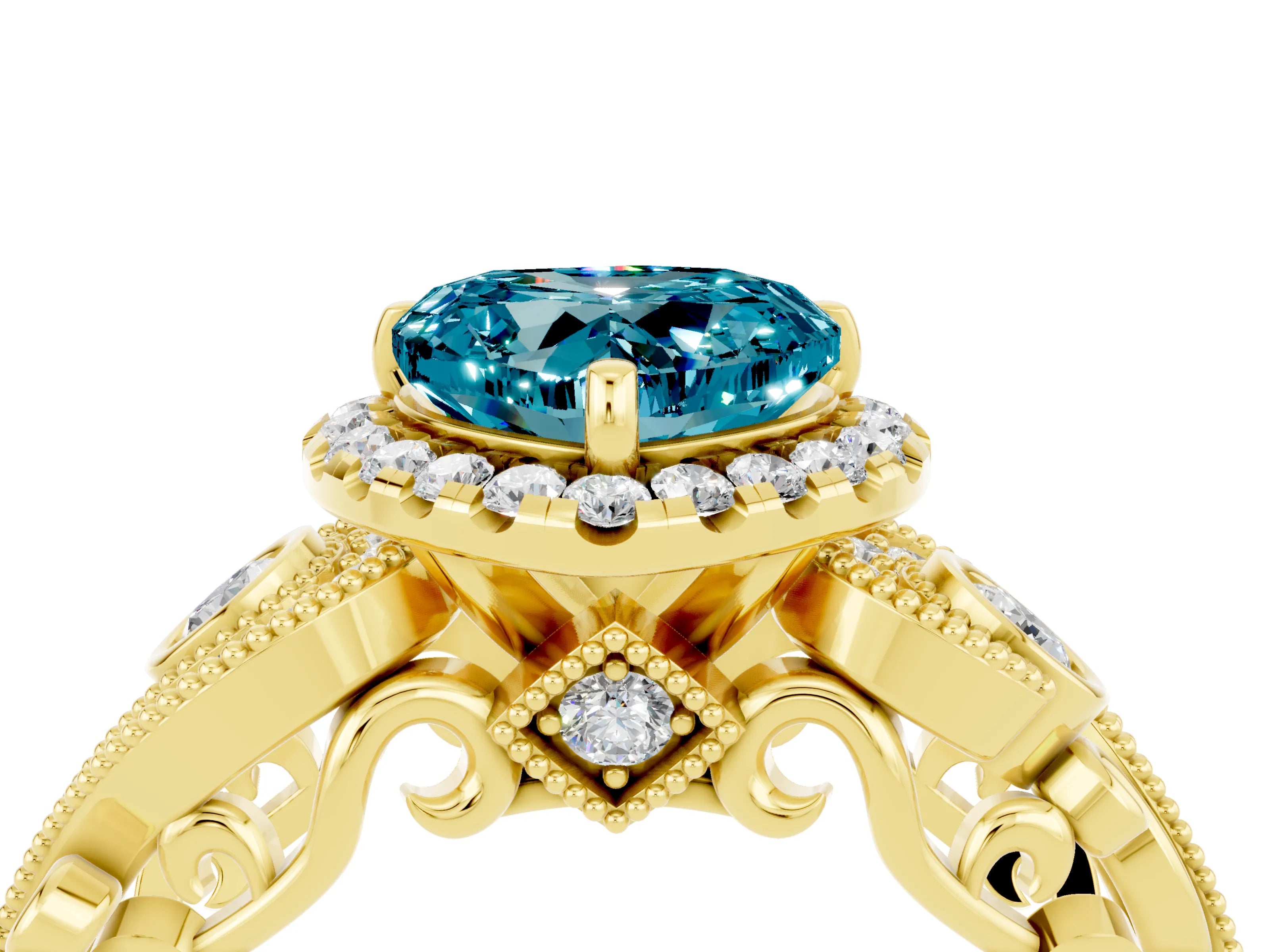 Yellow gold Heart Cut Blue Topaz Halo Ring with Milgrain Pavé Band and Four-Prong Setting_16