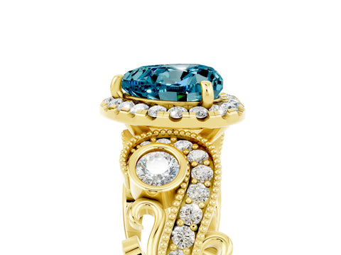 Yellow gold Heart Cut Blue Topaz Halo Ring with Milgrain Pavé Band and Four-Prong Setting_17