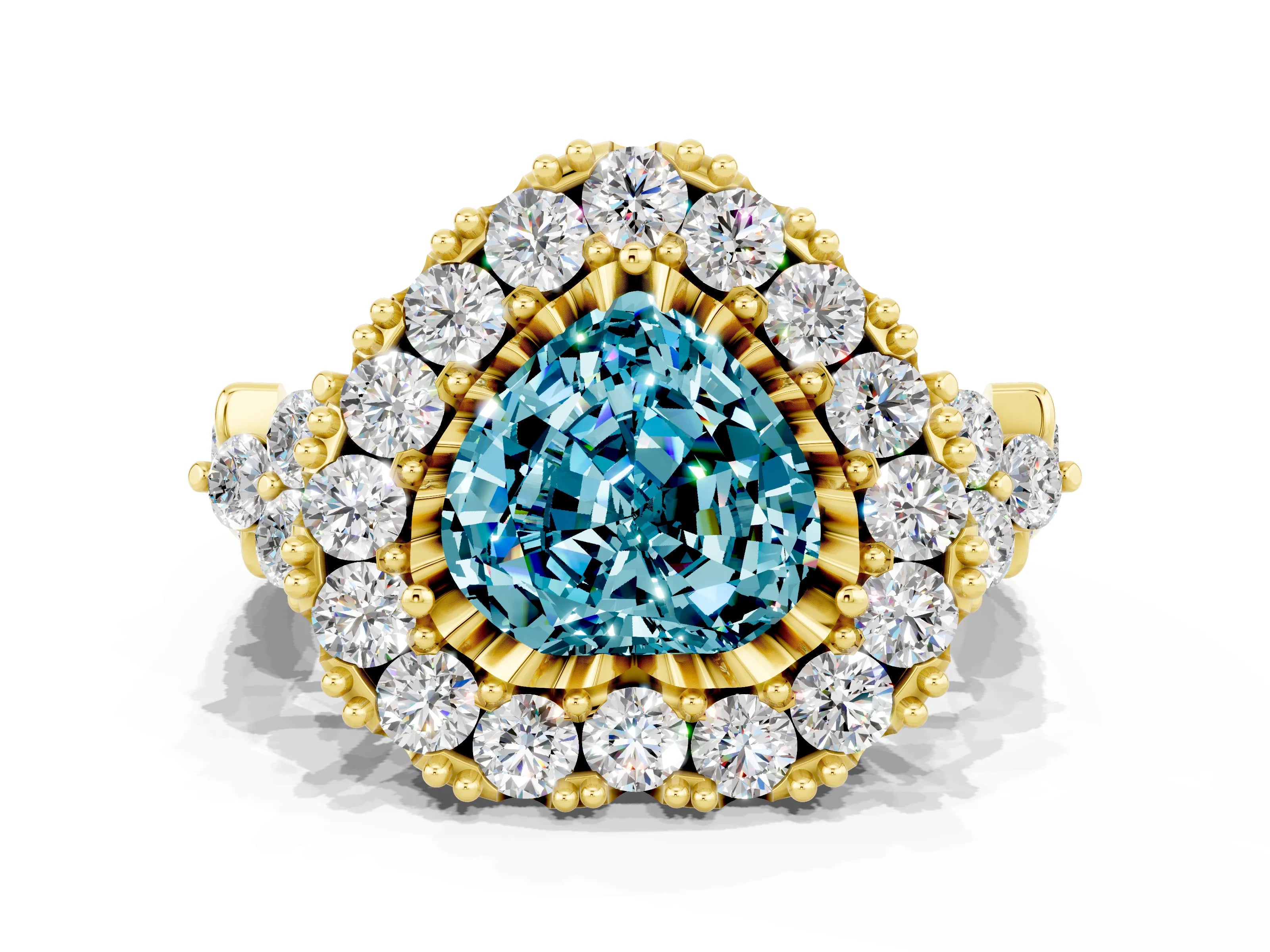 Yellow gold Heart Cut Blue Topaz Halo Ring with Pavé Band and Four-Prong Setting_12