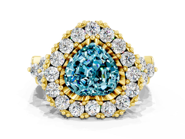 Yellow gold Heart Cut Blue Topaz Halo Ring with Pavé Band and Four-Prong Setting
