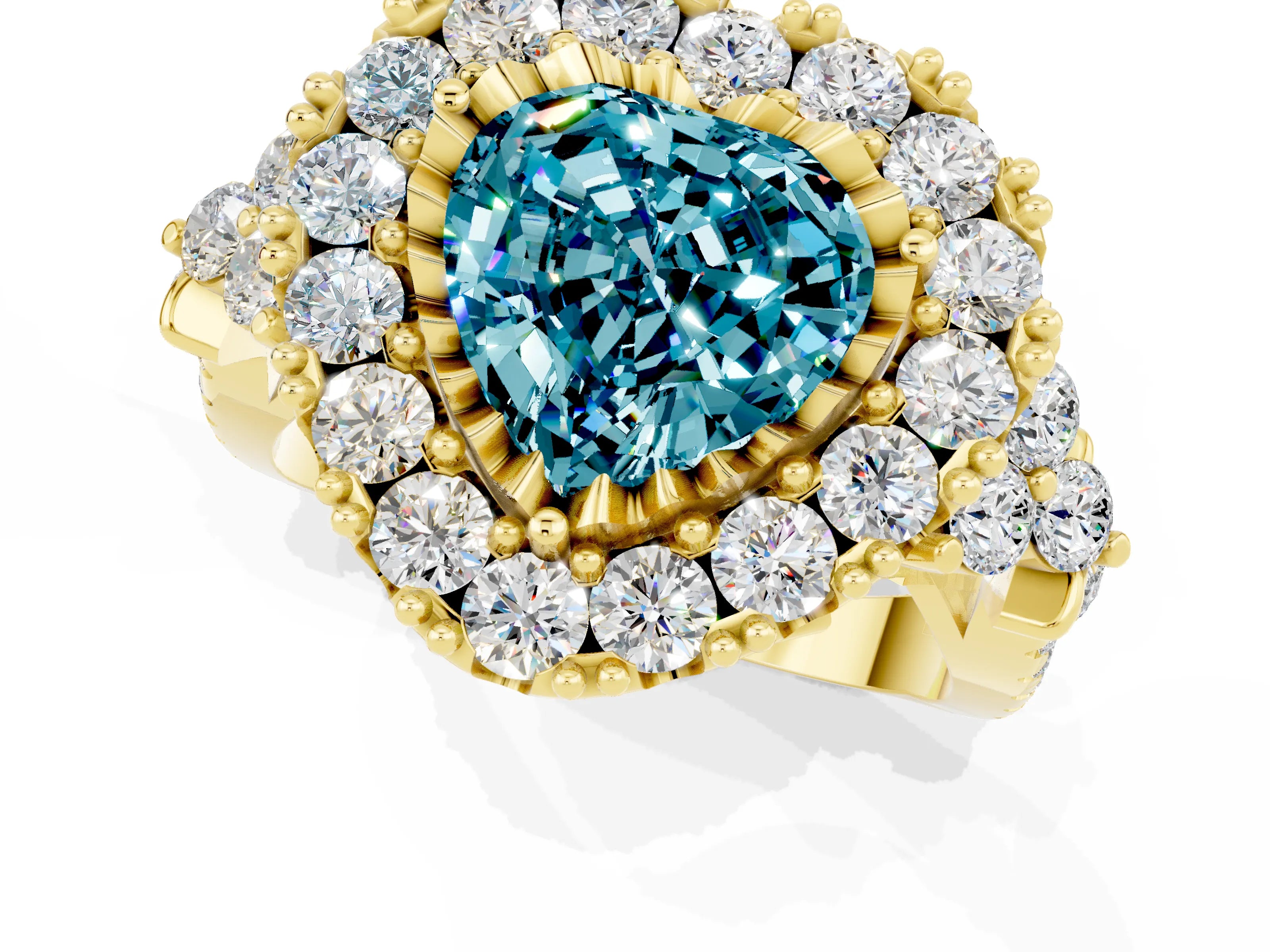Yellow gold Heart Cut Blue Topaz Halo Ring with Pavé Band and Four-Prong Setting_13