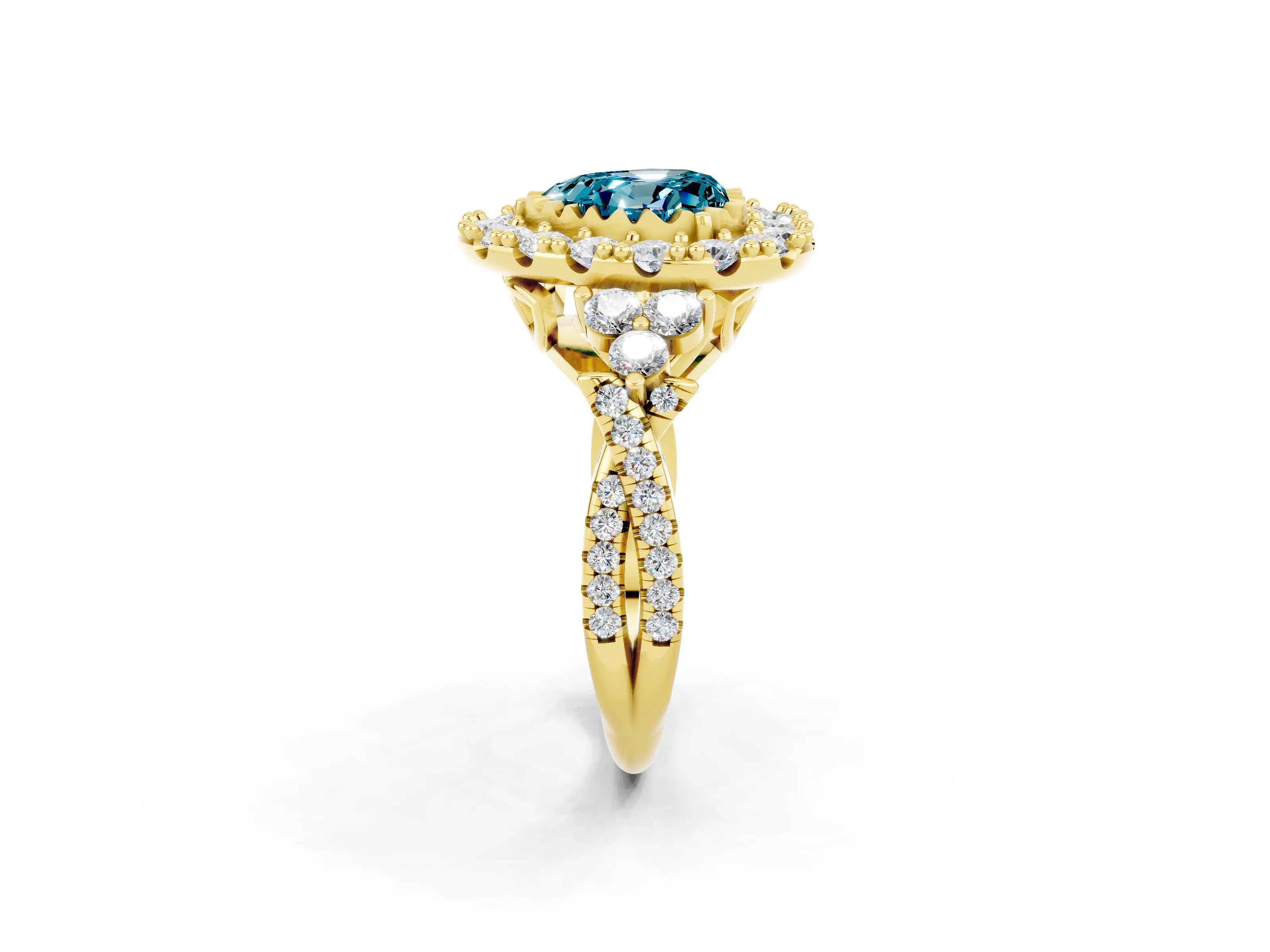 Yellow gold Heart Cut Blue Topaz Halo Ring with Pavé Band and Four-Prong Setting_14