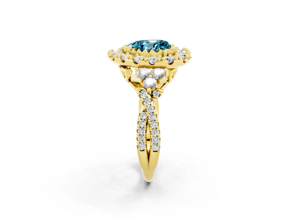 Yellow gold Heart Cut Blue Topaz Halo Ring with Pavé Band and Four-Prong Setting