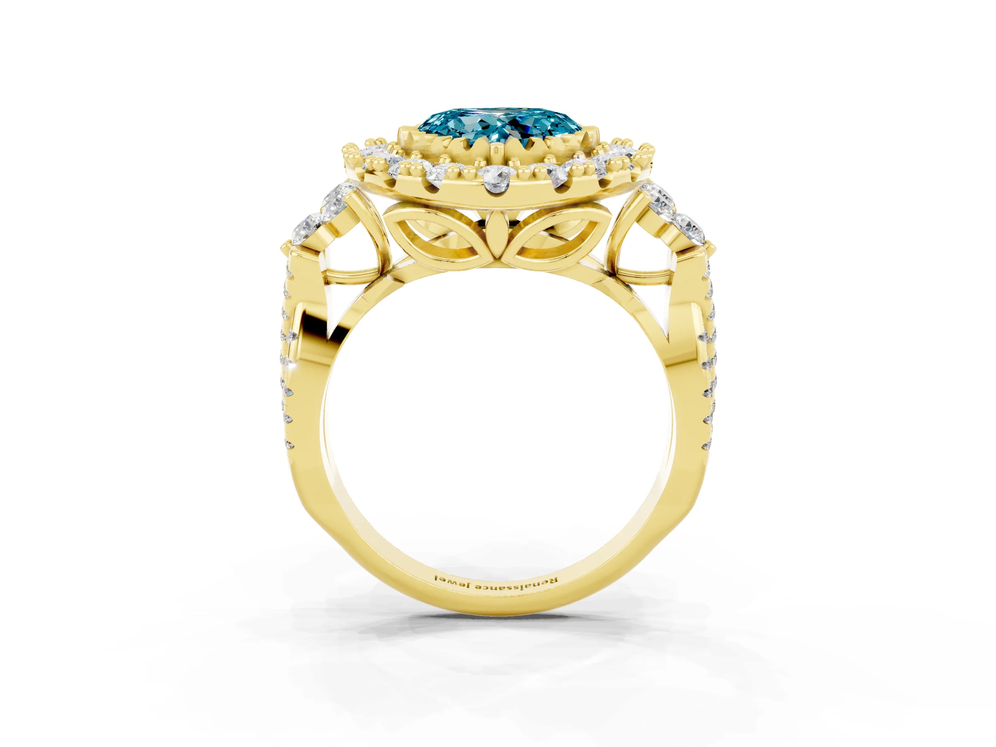 Yellow gold Heart Cut Blue Topaz Halo Ring with Pavé Band and Four-Prong Setting_15