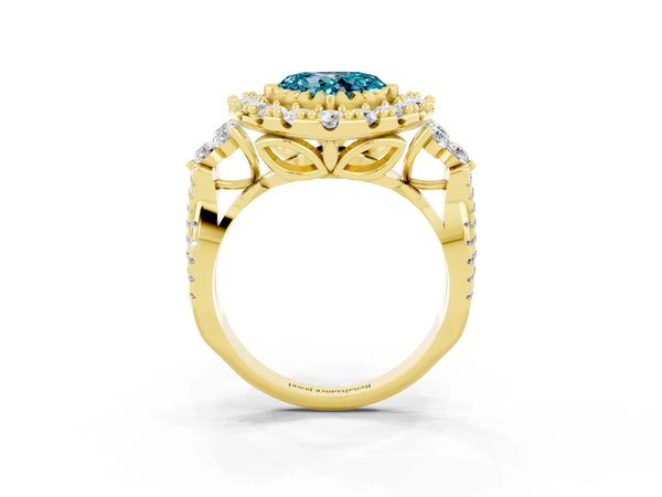 Yellow gold Heart Cut Blue Topaz Halo Ring with Pavé Band and Four-Prong Setting