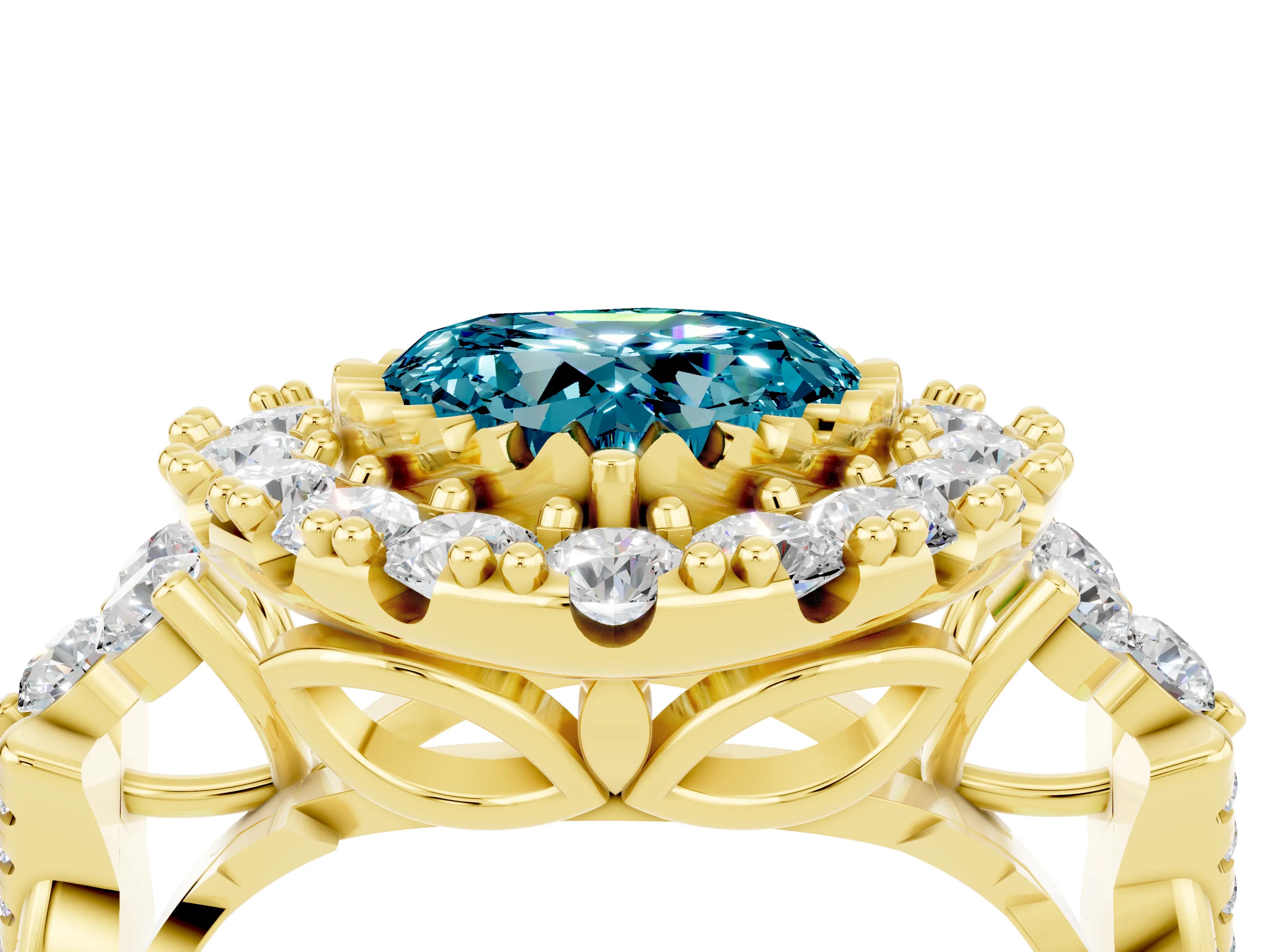 Yellow gold Heart Cut Blue Topaz Halo Ring with Pavé Band and Four-Prong Setting_16