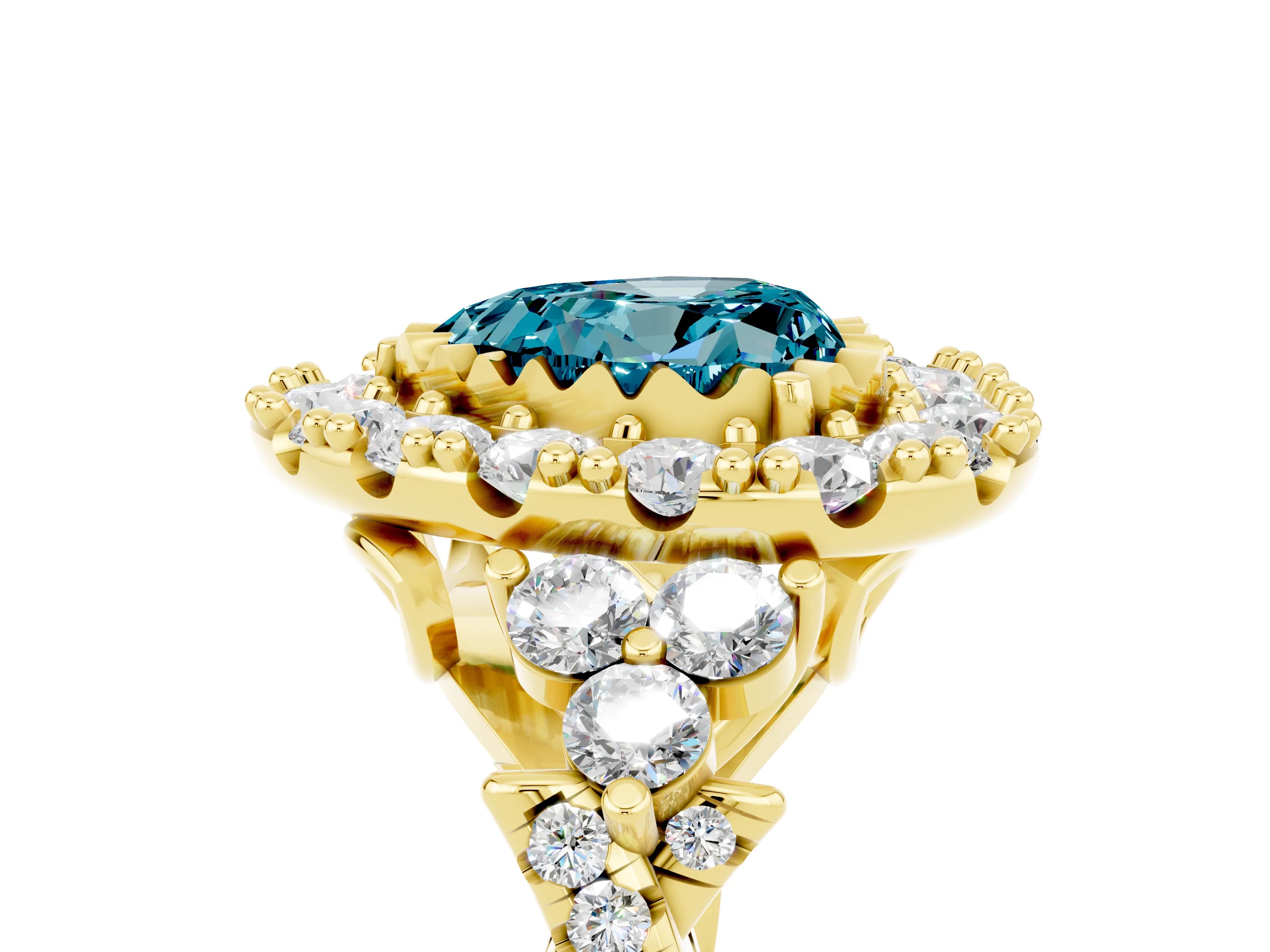 Yellow gold Heart Cut Blue Topaz Halo Ring with Pavé Band and Four-Prong Setting_17