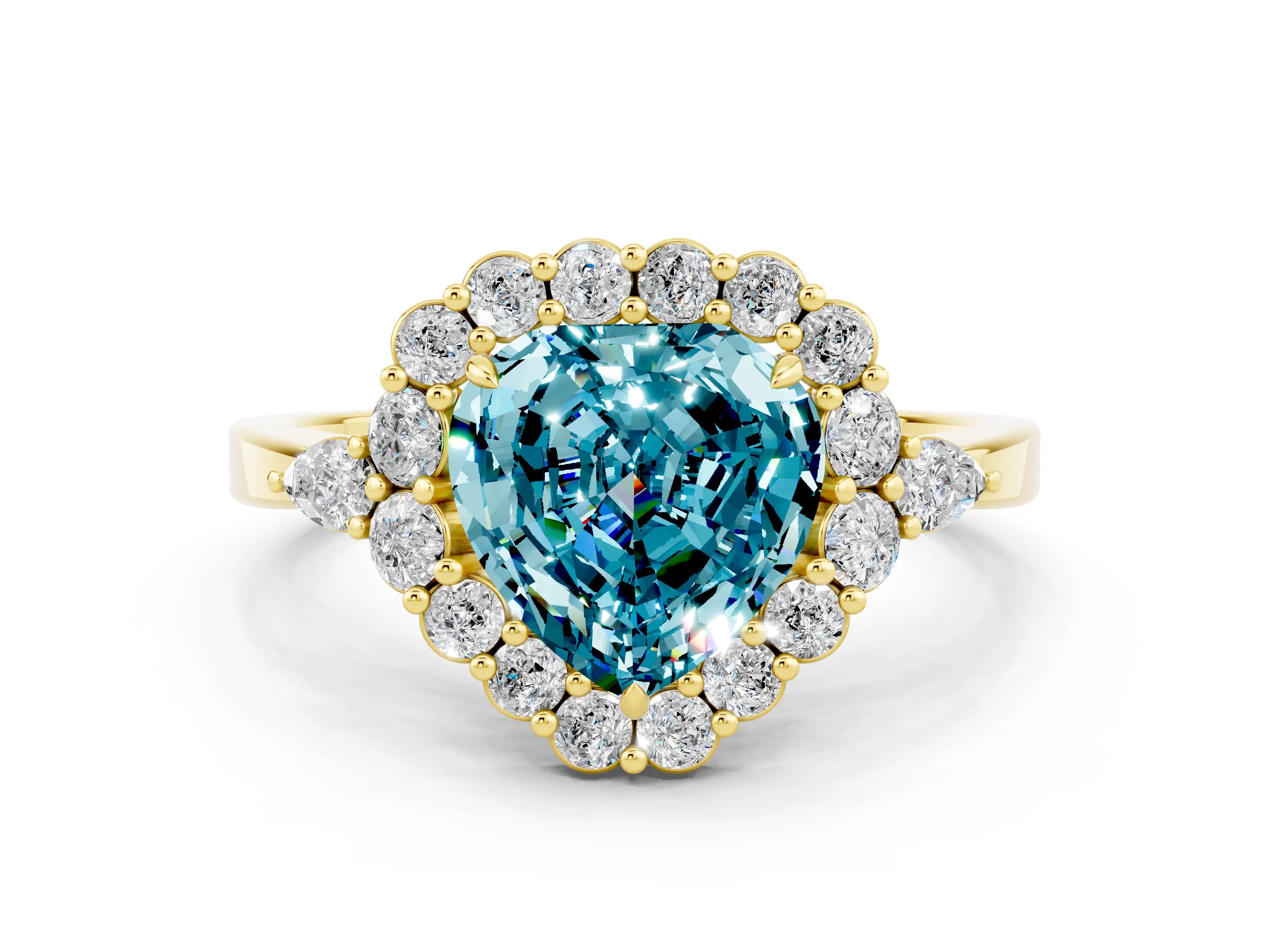 Yellow gold Heart Cut Blue Topaz Halo Ring with Pear Side Stones and Prong Setting_12